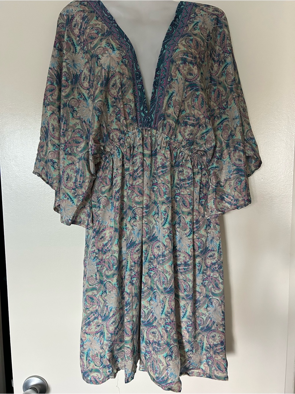 Paisley V-Neck Kimono Sleeve Dress in Beige and Purple